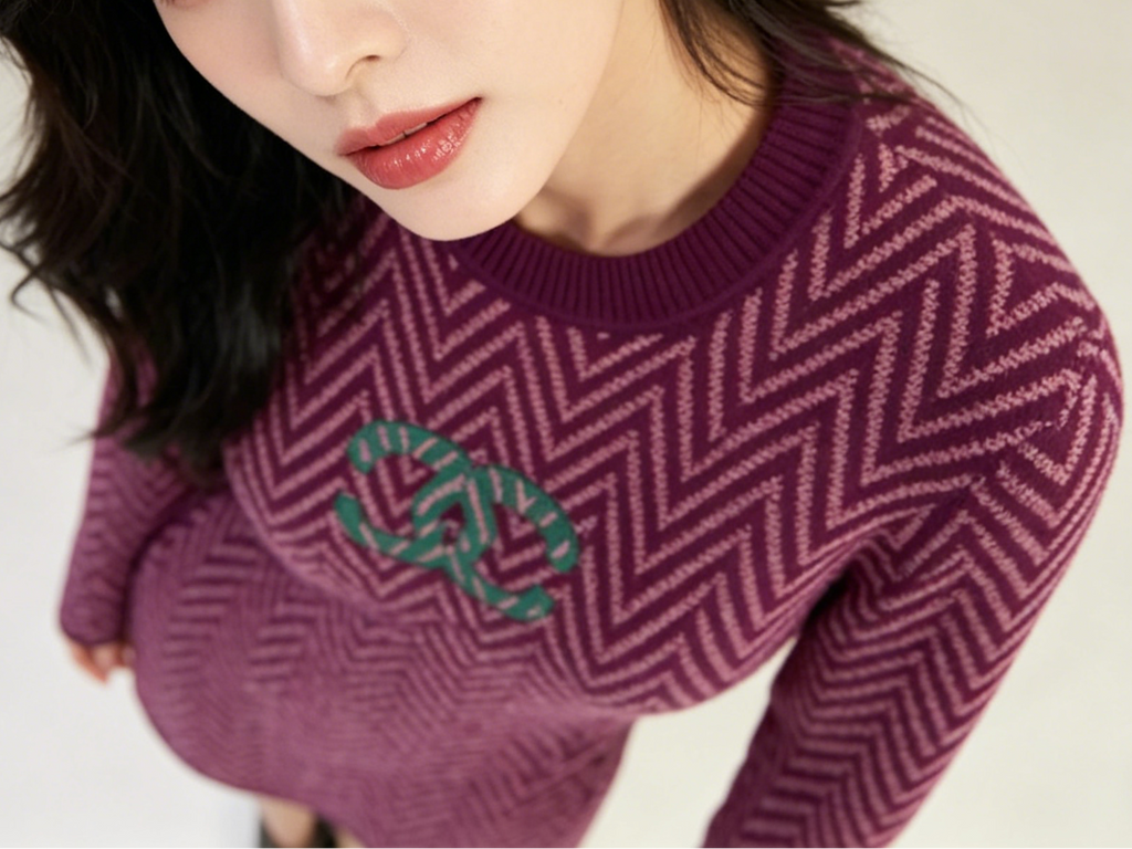 Chanel Chevron Knit Dress with CC Logo - Burgundy/Pink/Green 香奈兒 經典雙 C 人字紋針織連衣裙 紫粉撞色