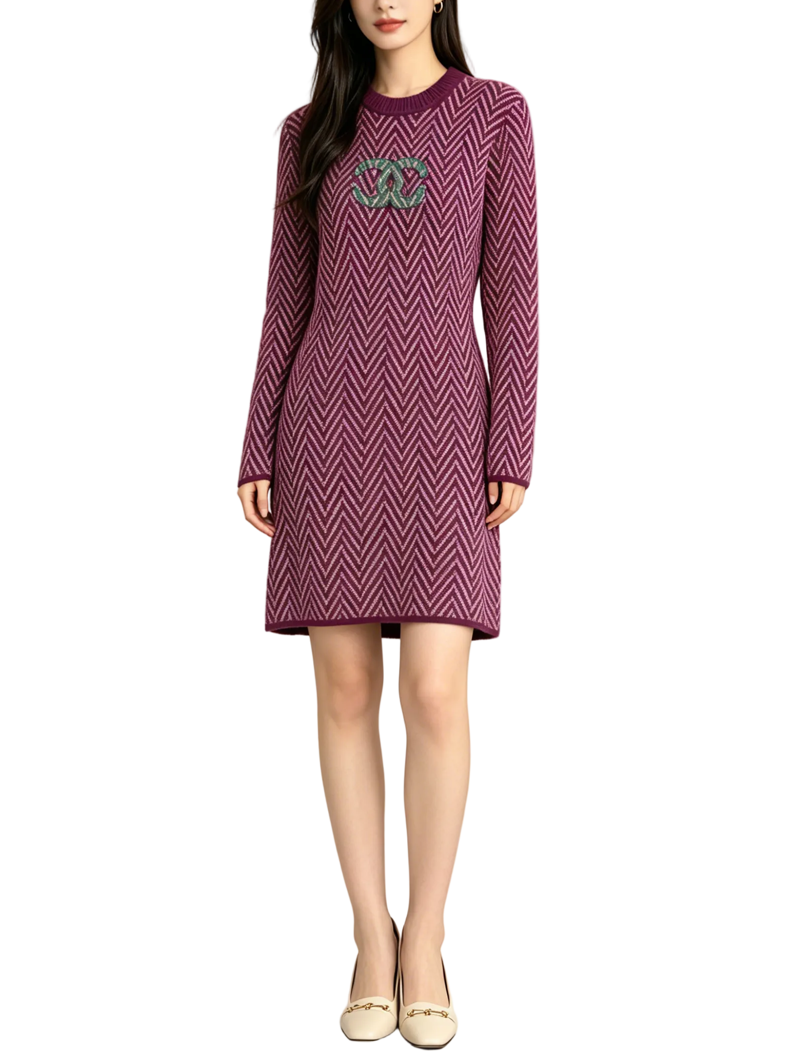 Chanel Chevron Knit Dress with CC Logo - Burgundy/Pink/Green 香奈兒 經典雙 C 人字紋針織連衣裙 紫粉撞色