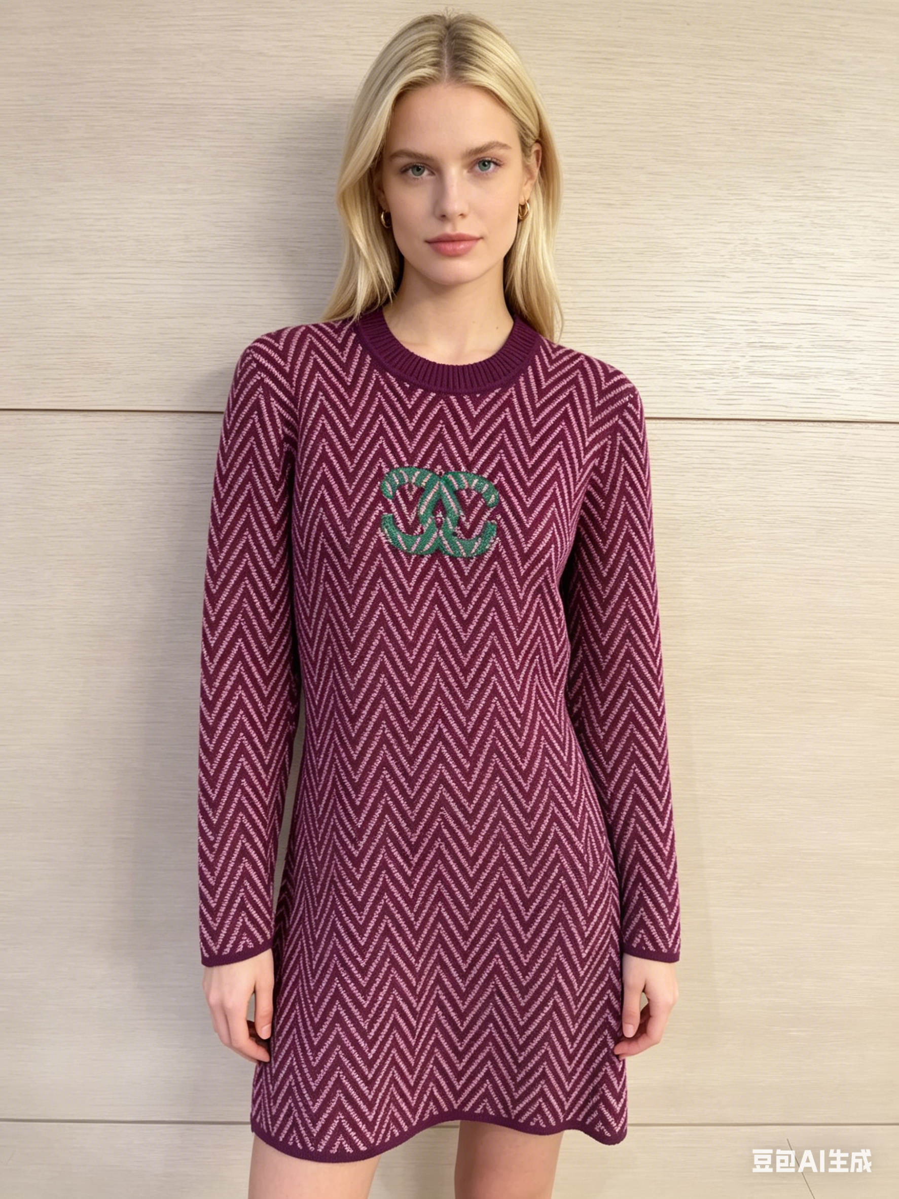 Chanel Chevron Knit Dress with CC Logo - Burgundy/Pink/Green 香奈儿 经典双 C 人字纹针织连衣裙 紫粉撞色