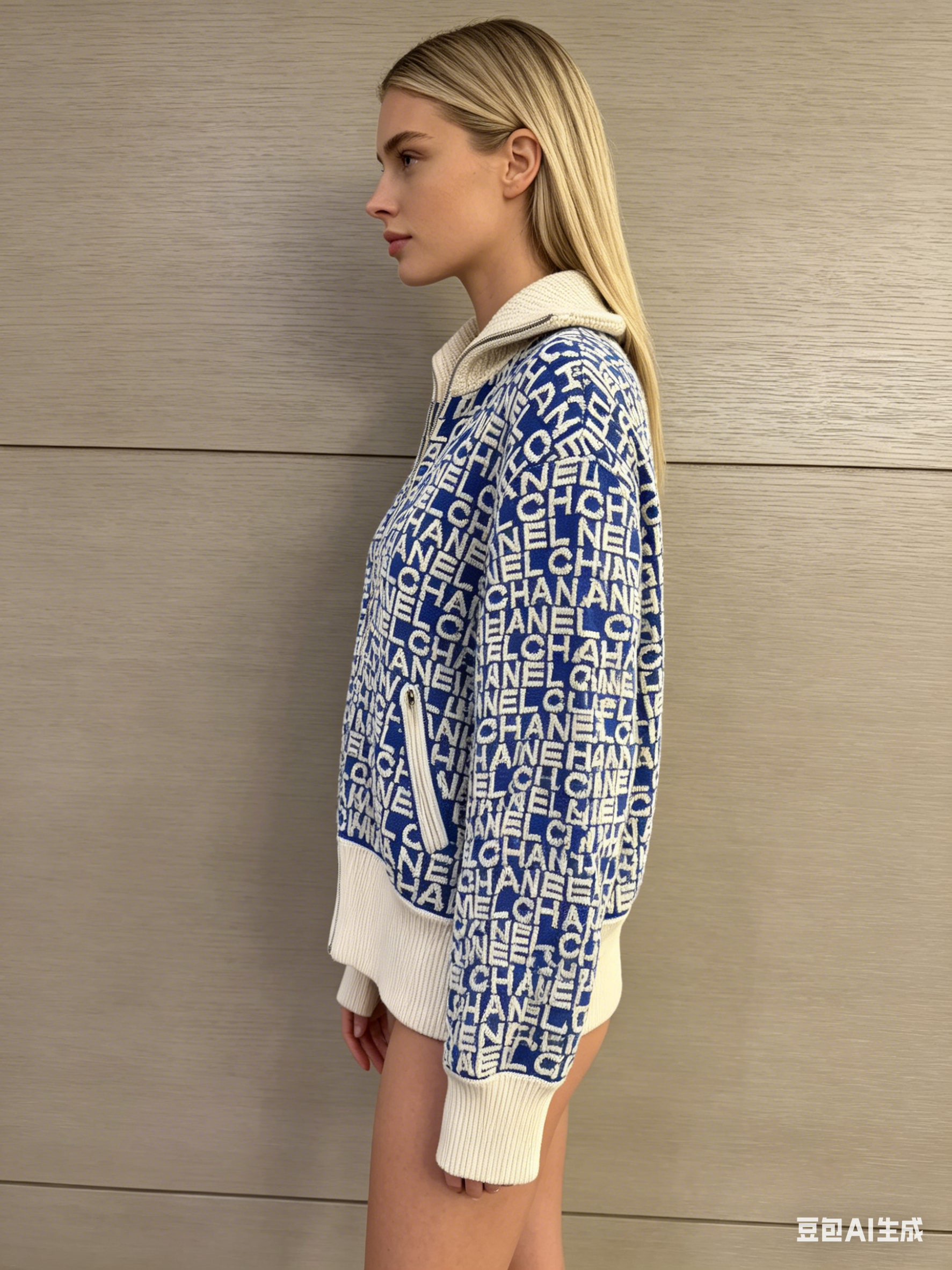 Chanel All-Over Logo Knit Zip-Up Jacket - Blue & Off-White 香奈儿 满印字母提花拉链针织夹克 蓝白配色