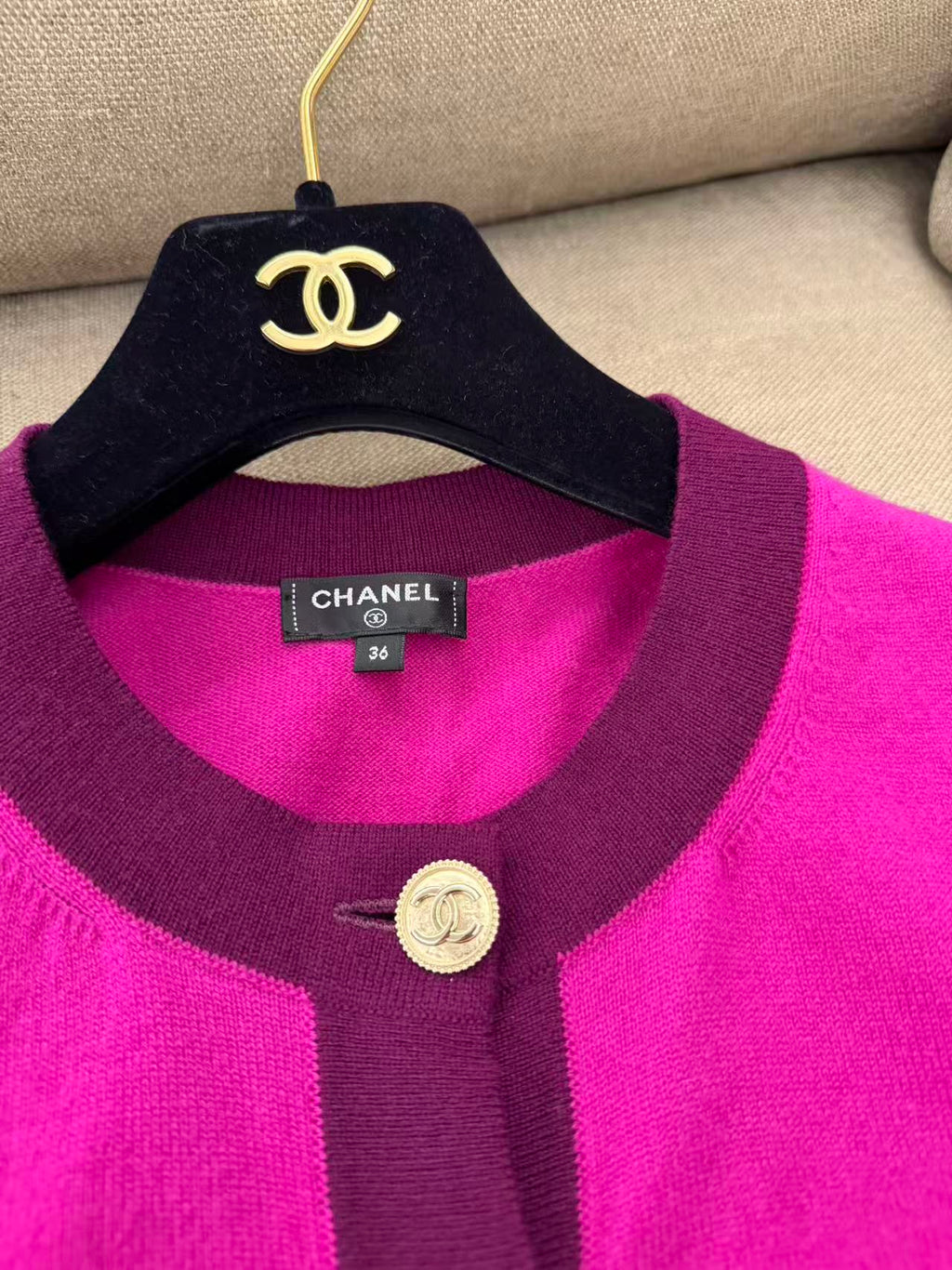 CHANEL 紫玫紅 100% 羊絨短袖短版開衫