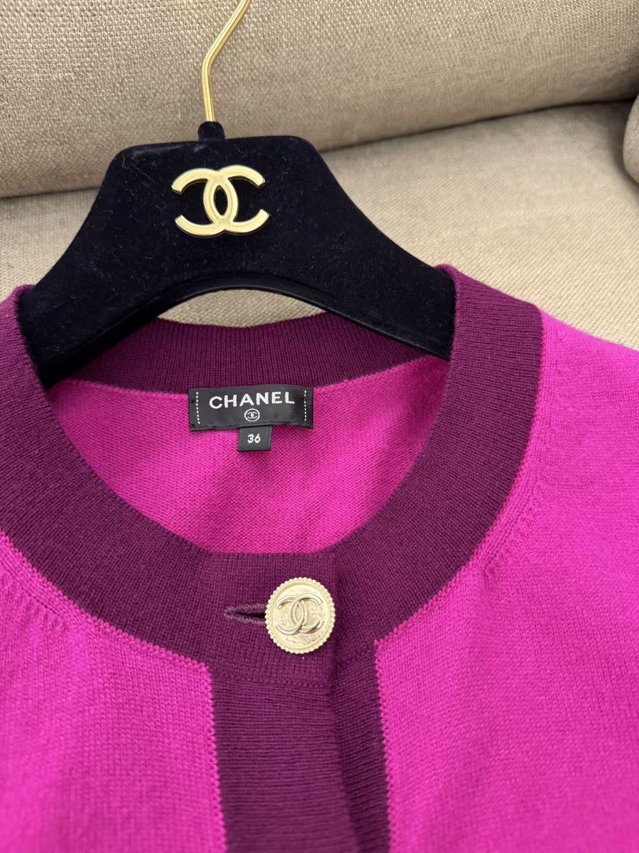 CHANEL 紫玫紅 100% 羊絨短袖短版開衫