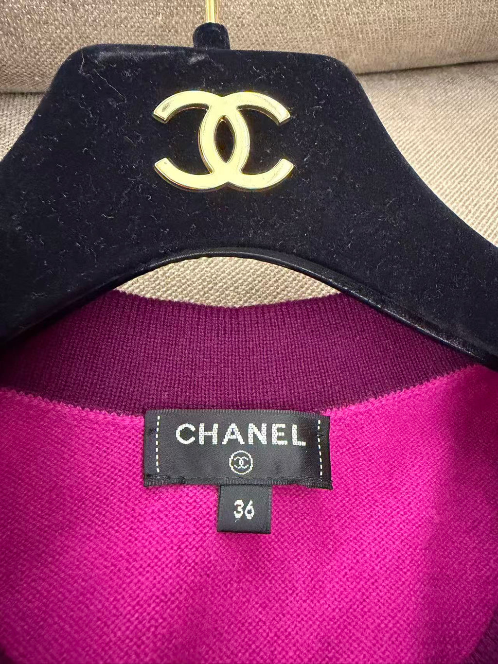 CHANEL 紫玫紅 100% 羊絨短袖短版開衫