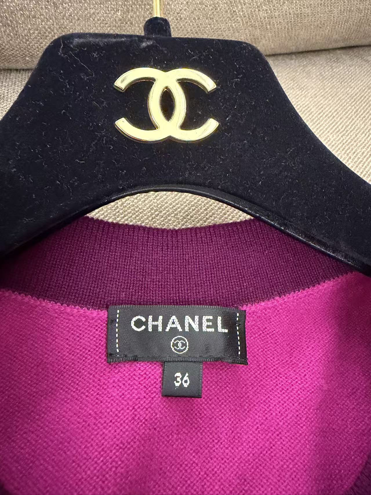 CHANEL 紫玫紅 100% 羊絨短袖短版開衫