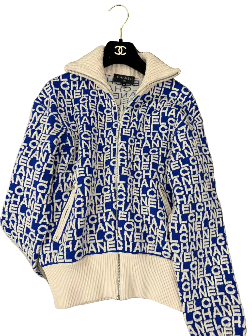 Chanel All-Over Logo Knit Zip-Up Jacket - Blue & Off-White 香奈儿 满印字母提花拉链针织夹克 蓝白配色
