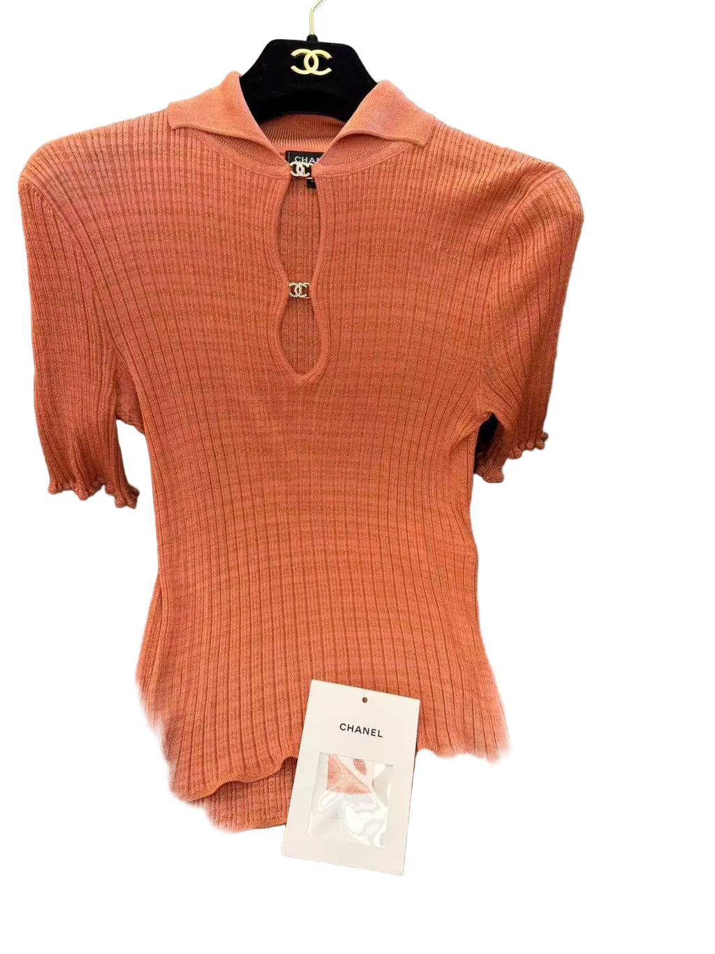 Chanel Coral Lurex Ribbed Knit Polo Top 香奈儿 珊瑚金葱坑条针织 Polo 上衣