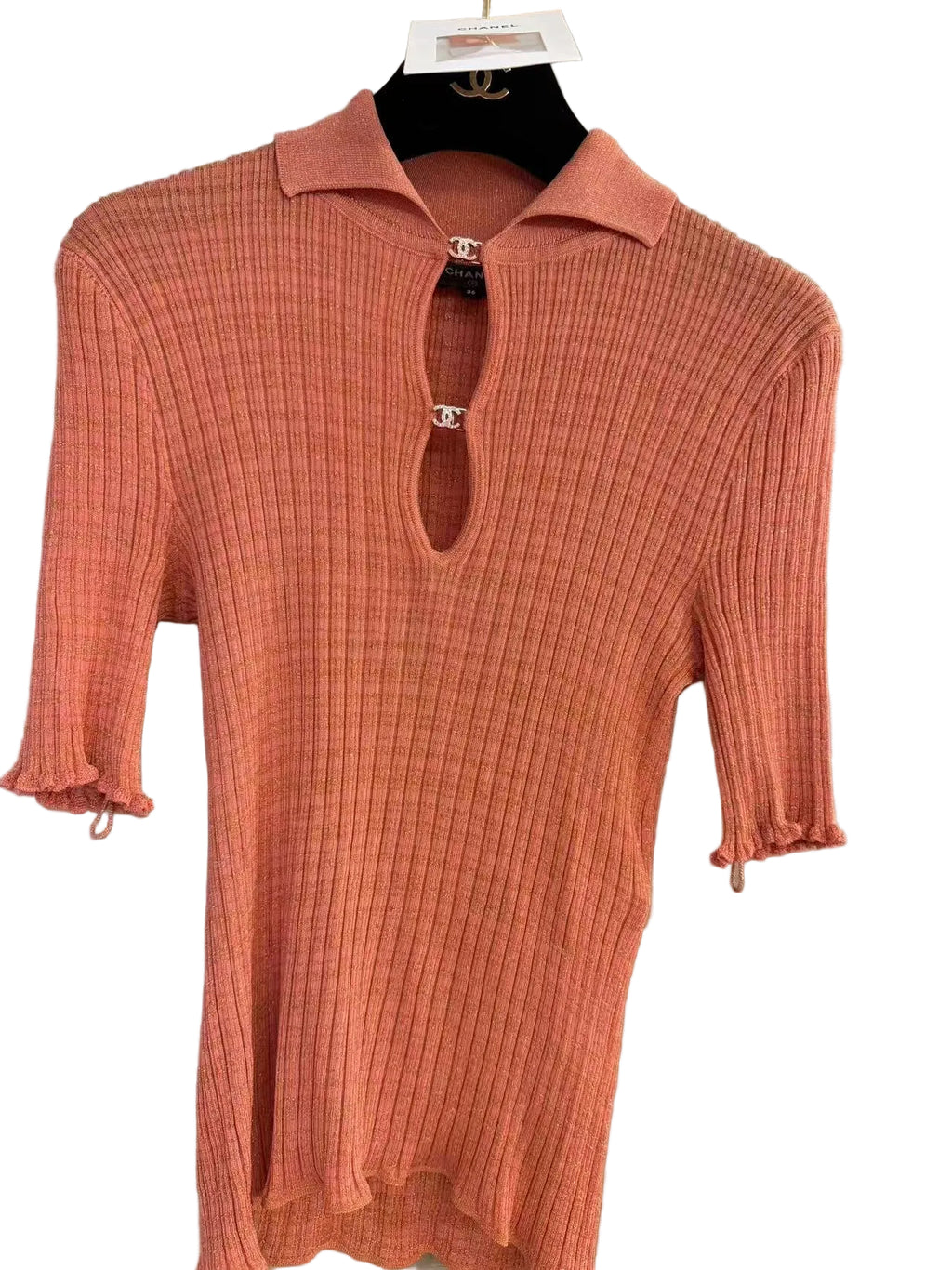 Chanel Coral Lurex Ribbed Knit Polo Top 香奈儿 珊瑚金葱坑条针织 Polo 上衣