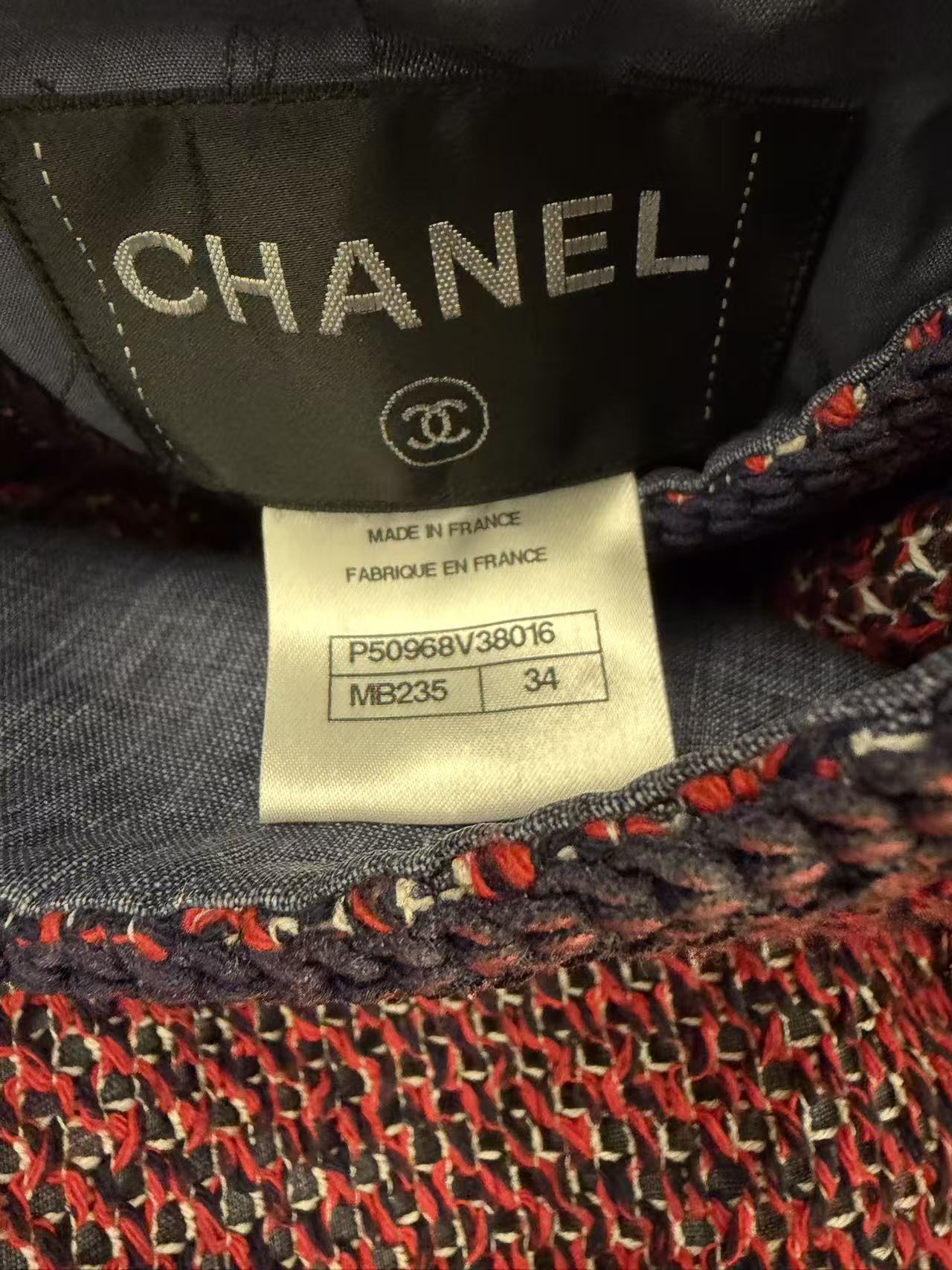 CHANEL 紅藍混色雙排扣編織粗花呢外套
