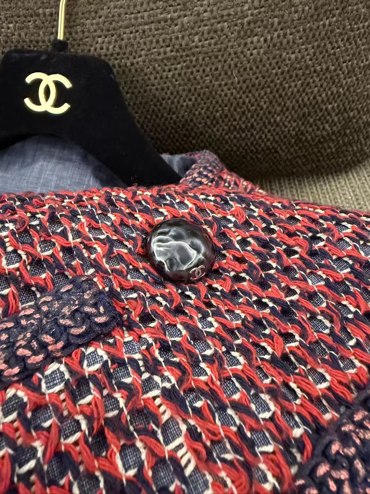 CHANEL 紅藍混色雙排扣編織粗花呢外套