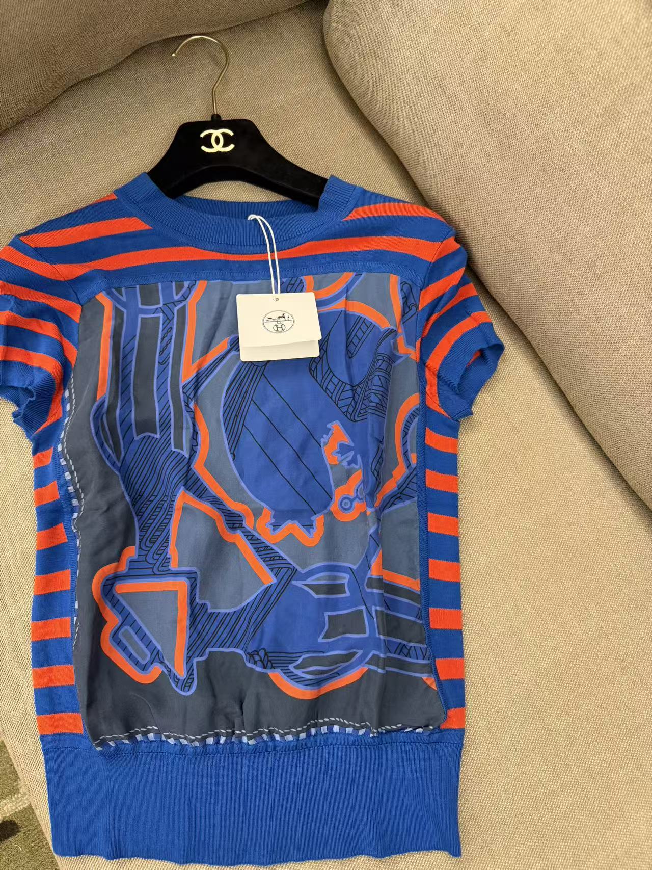 HERMÈS 藍橘條紋絲綢拼接短袖針織上衣 34 碼 義大利製二手精品
