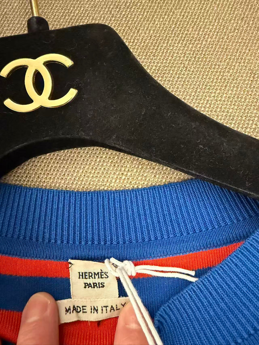 HERMÈS 藍橘條紋絲綢拼接短袖針織上衣 34 碼 義大利製二手精品