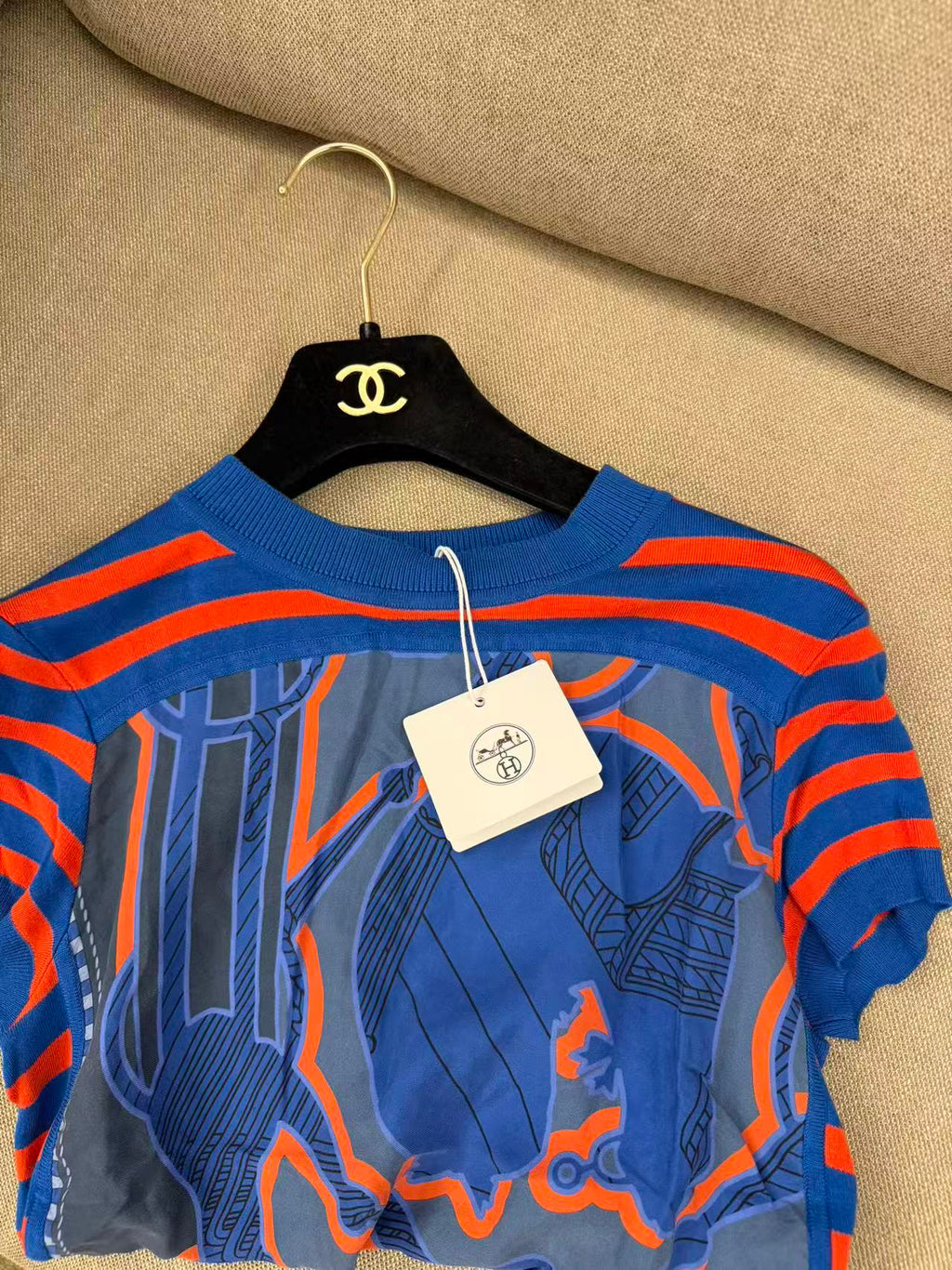 HERMÈS 藍橘條紋絲綢拼接短袖針織上衣 34 碼 義大利製二手精品