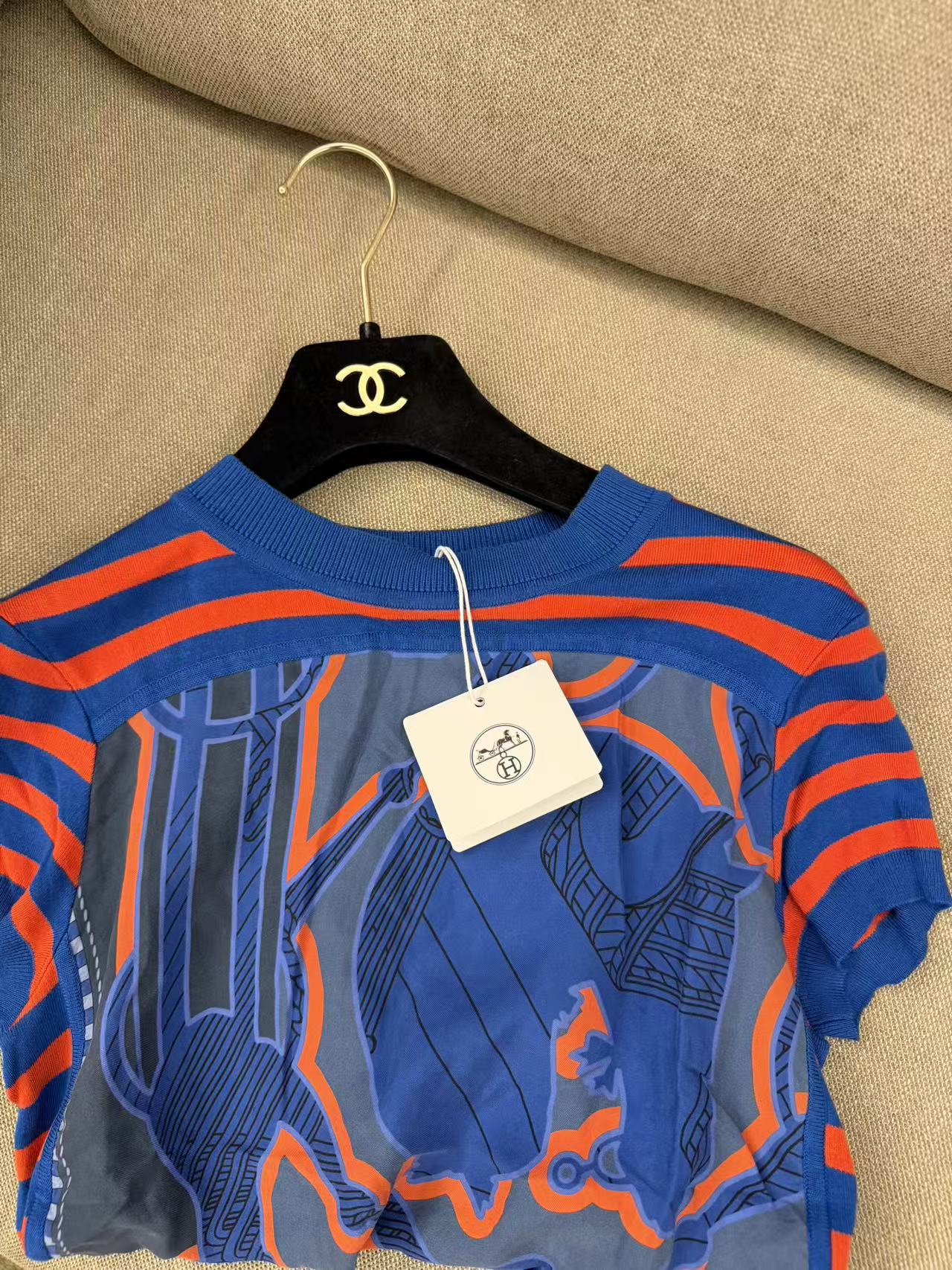 HERMÈS 藍橘條紋絲綢拼接短袖針織上衣 34 碼 義大利製二手精品