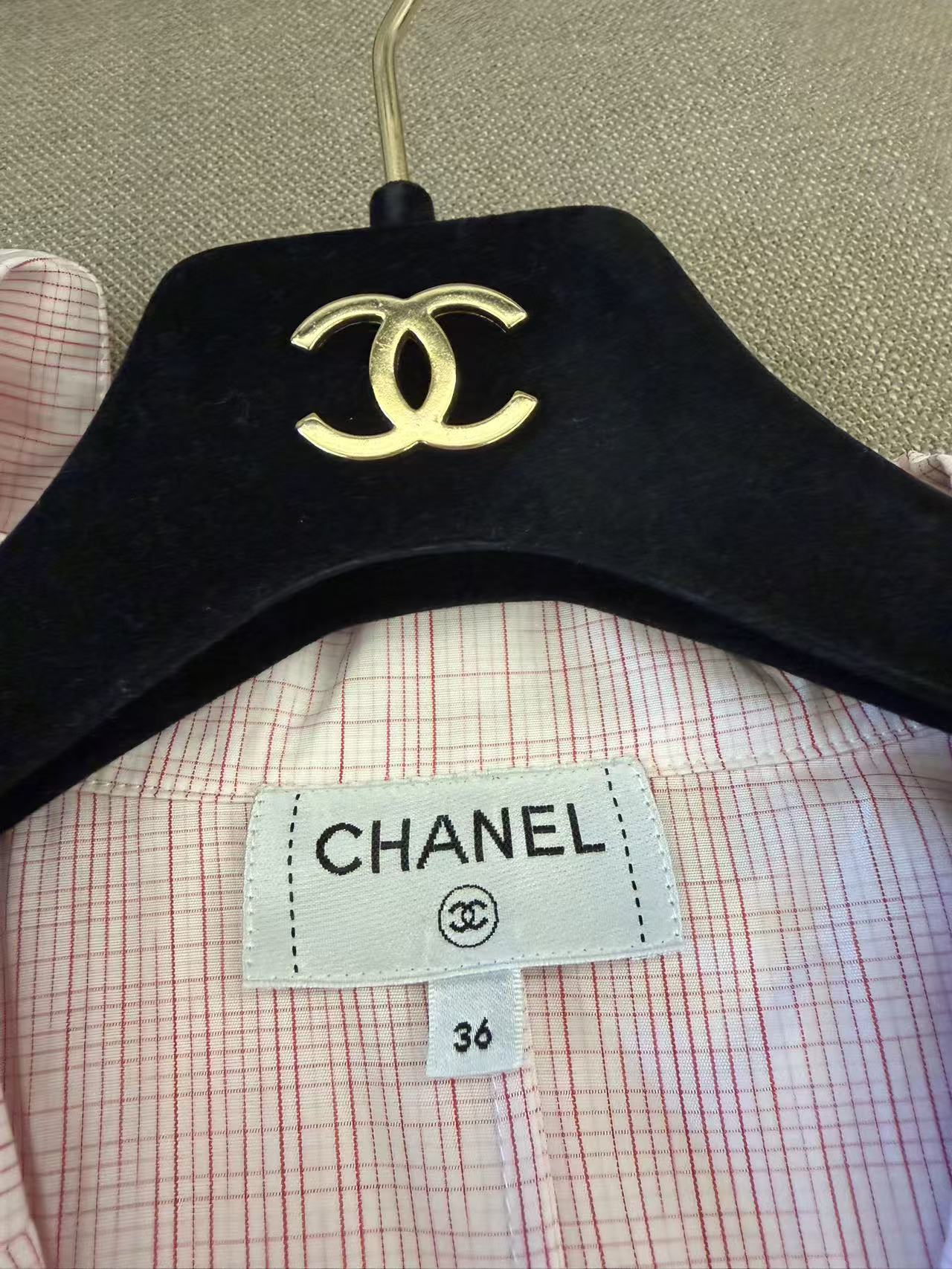 CHANEL 義大利製粉紅細格紋西裝領全棉襯衫外套 36 碼 溫柔千金風長袖上衣