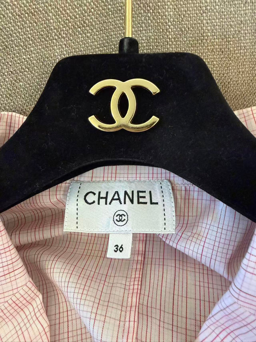 CHANEL 義大利製粉紅細格紋西裝領全棉襯衫外套 36 碼 溫柔千金風長袖上衣