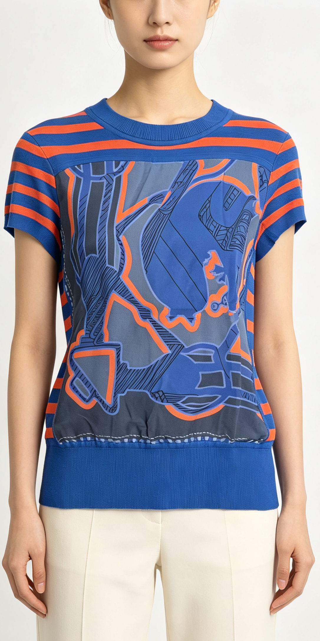 HERMÈS 藍橘條紋絲綢拼接短袖針織上衣 34 碼 義大利製二手精品