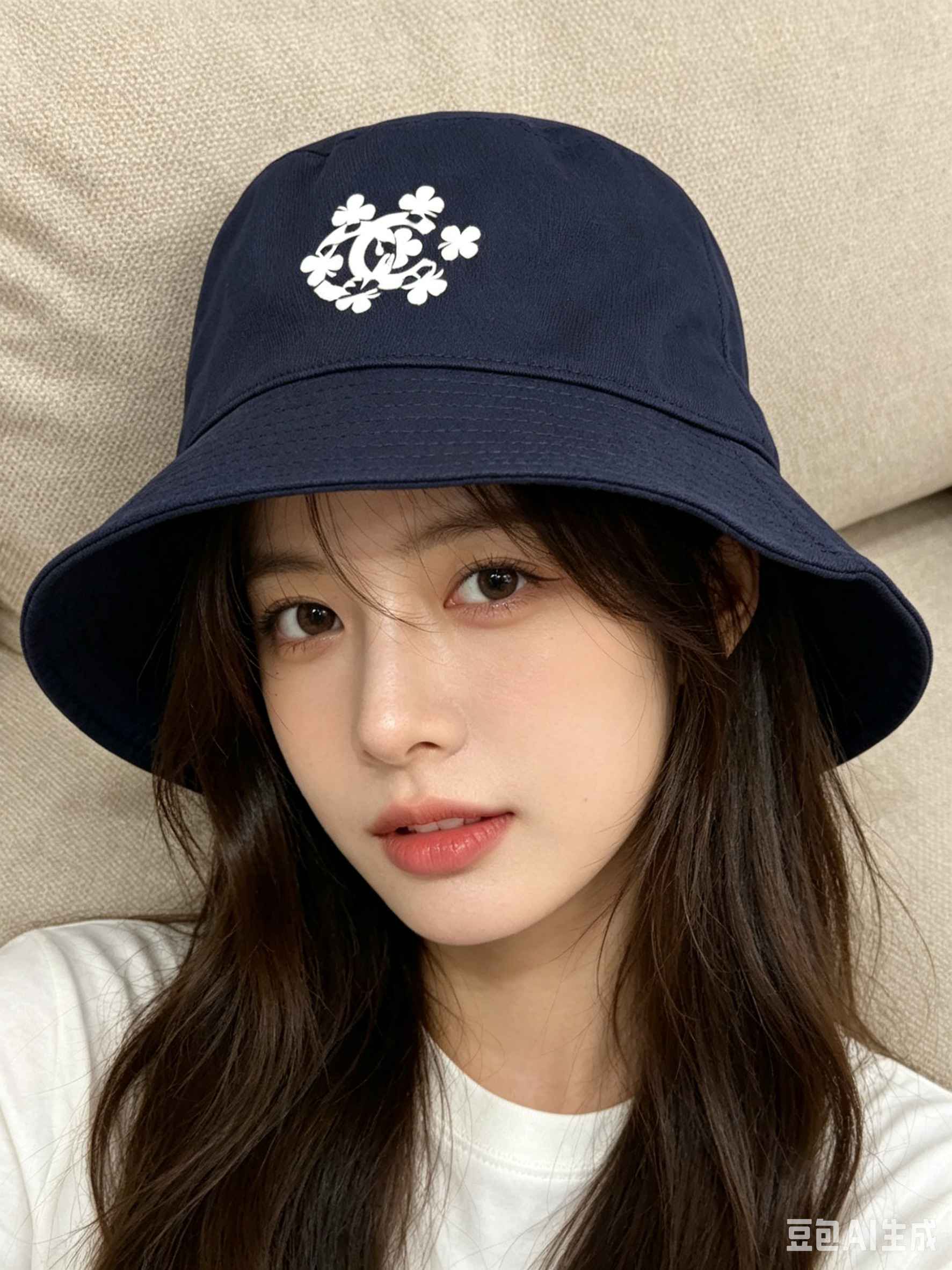 CHANEL 藏青色四葉草圍繞雙 C 標誌印花柔軟漁夫帽 M 碼