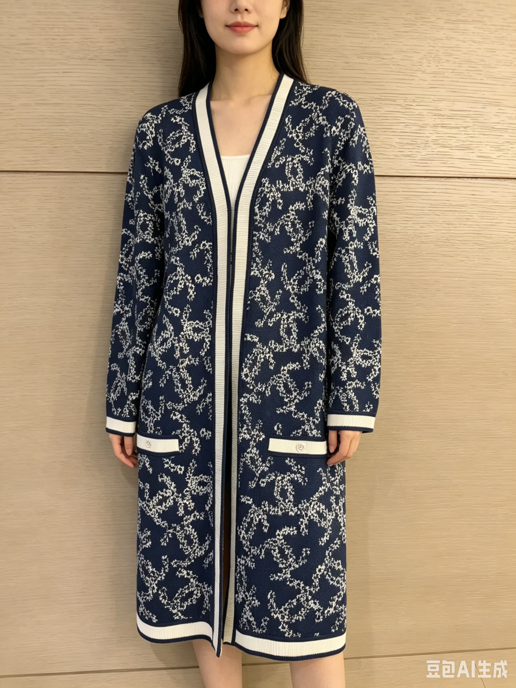 CHANEL 藏青滿版雙 C 提花長版針織開衫