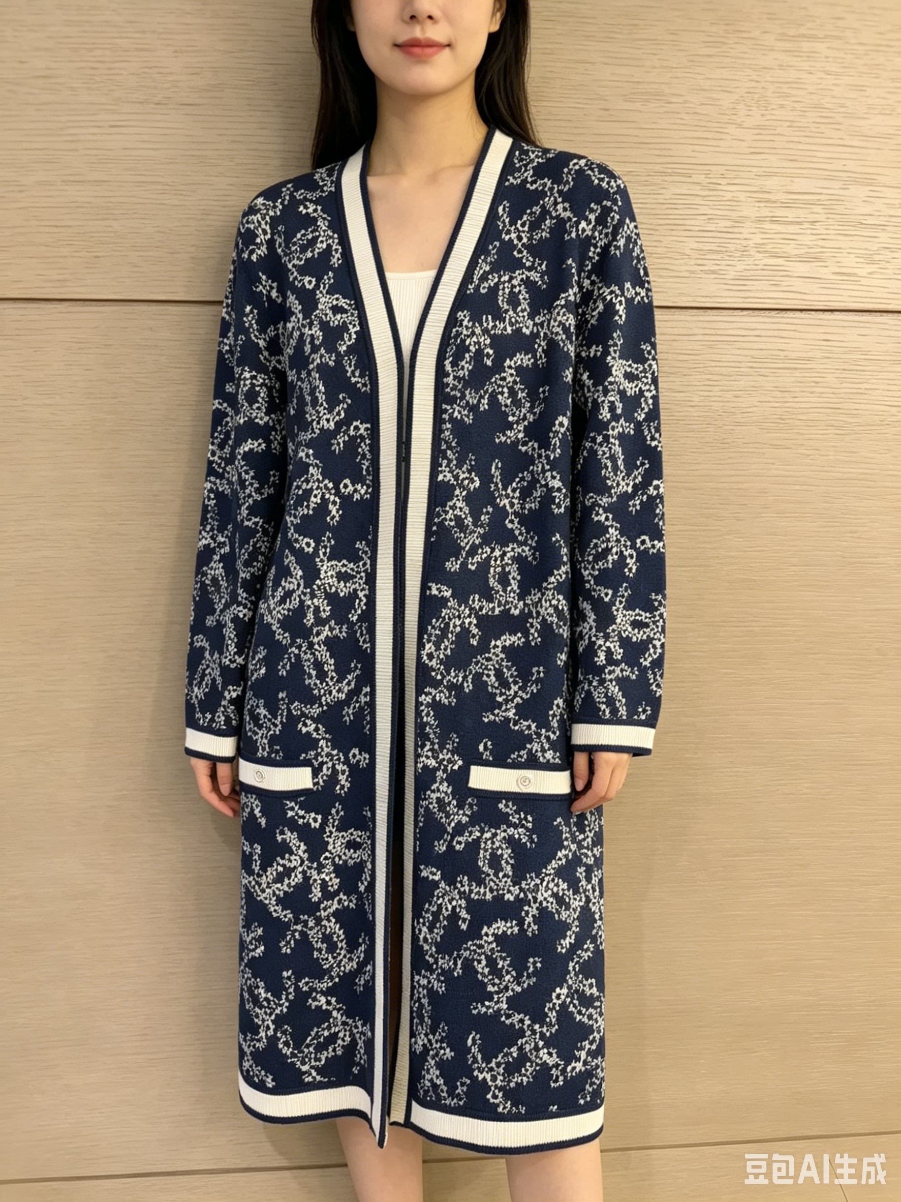 CHANEL 藏青滿版雙 C 提花長版針織開衫