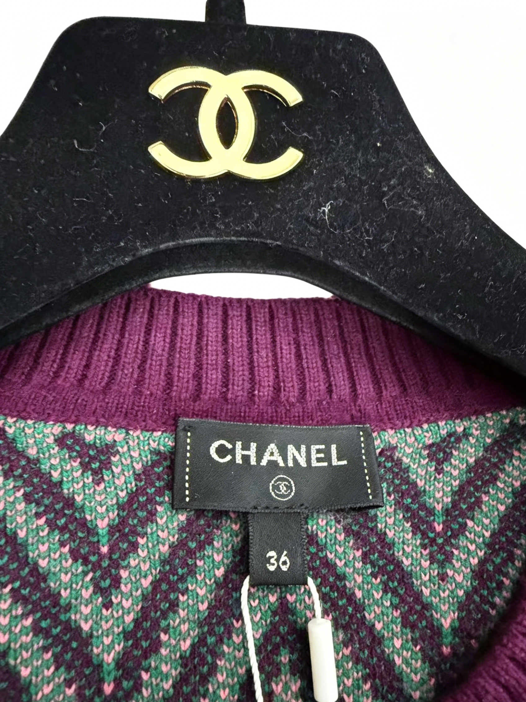 Chanel Chevron Knit Dress with CC Logo - Burgundy/Pink/Green 香奈兒 經典雙 C 人字紋針織連衣裙 紫粉撞色