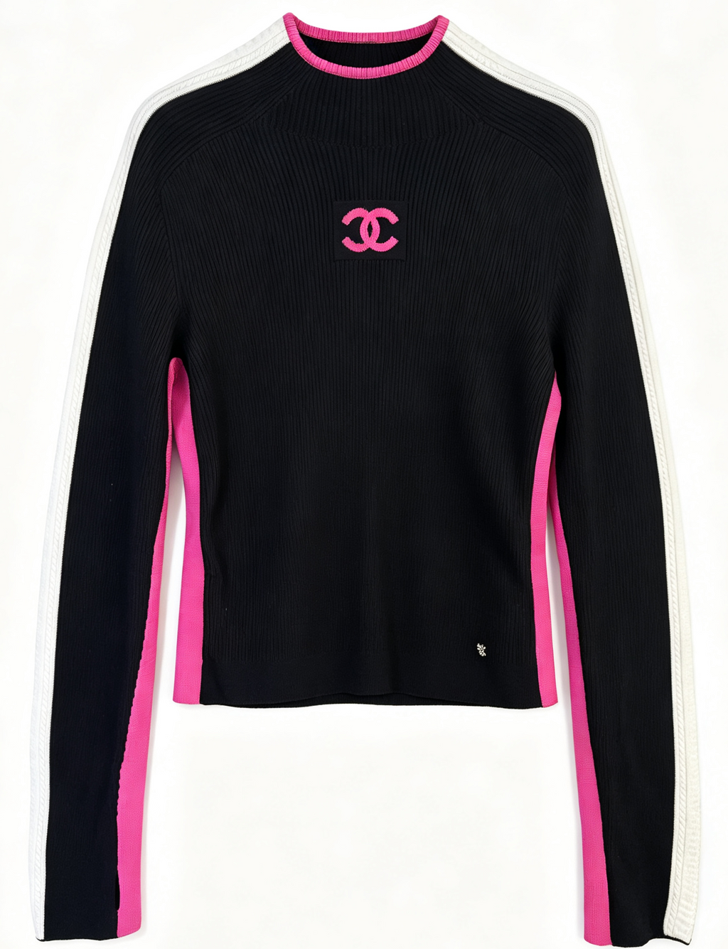 CHANEL 滑雪系列黑粉撞色半高领长袖针织上衣｜40 码