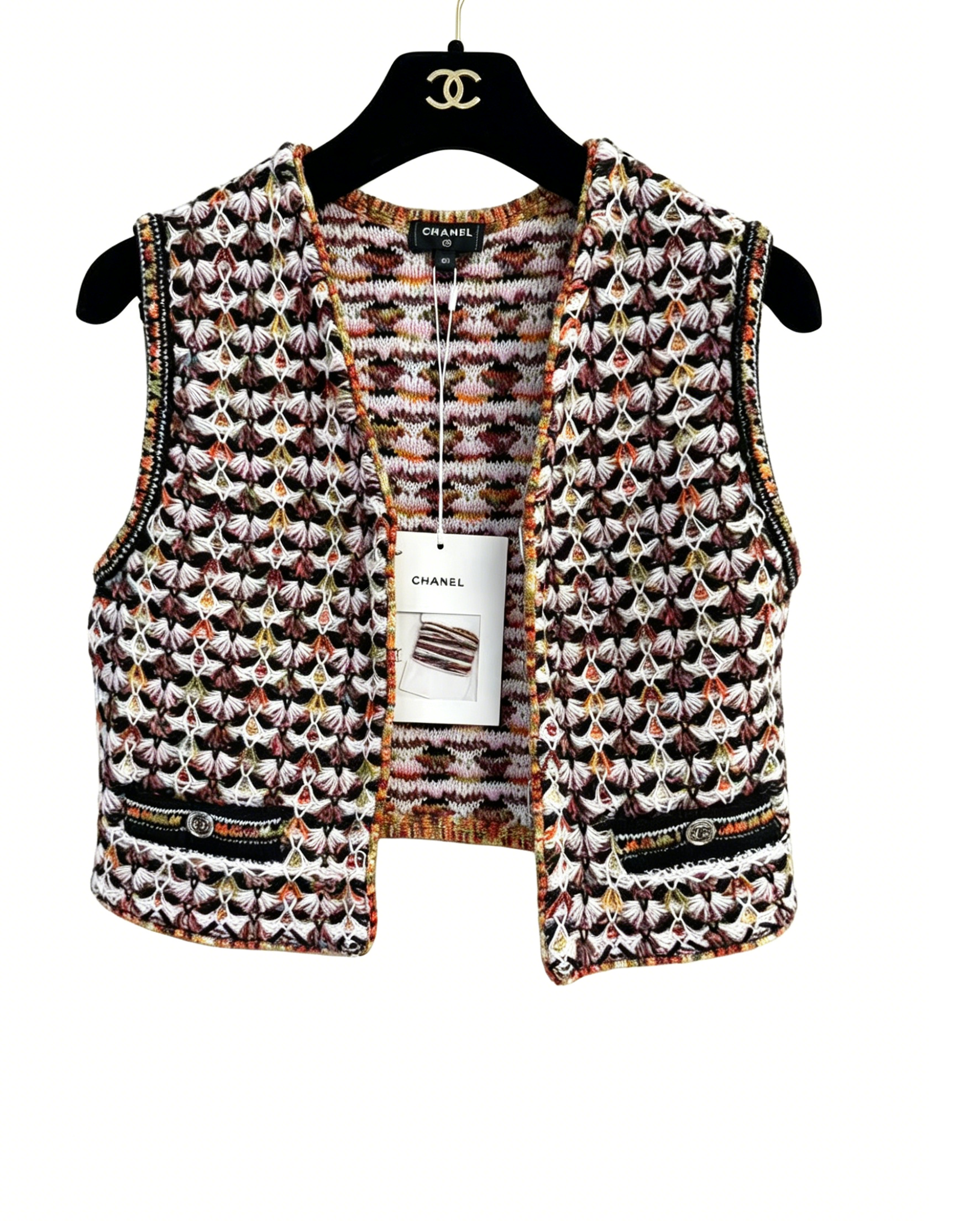 Pre-owned Chanel 23A Series Colorful Crochet Diamond Knit Vest FR34二手香奈儿 23A 系列 彩色钩花菱格针织马甲 FR34 码