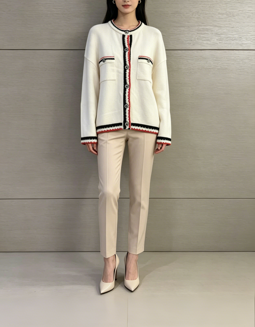 Chanel 100% Cashmere Cardigan with Contrast Trim - White/Black/Red 香奈儿 100% 羊绒撞色饰边开衫 白黑红配色