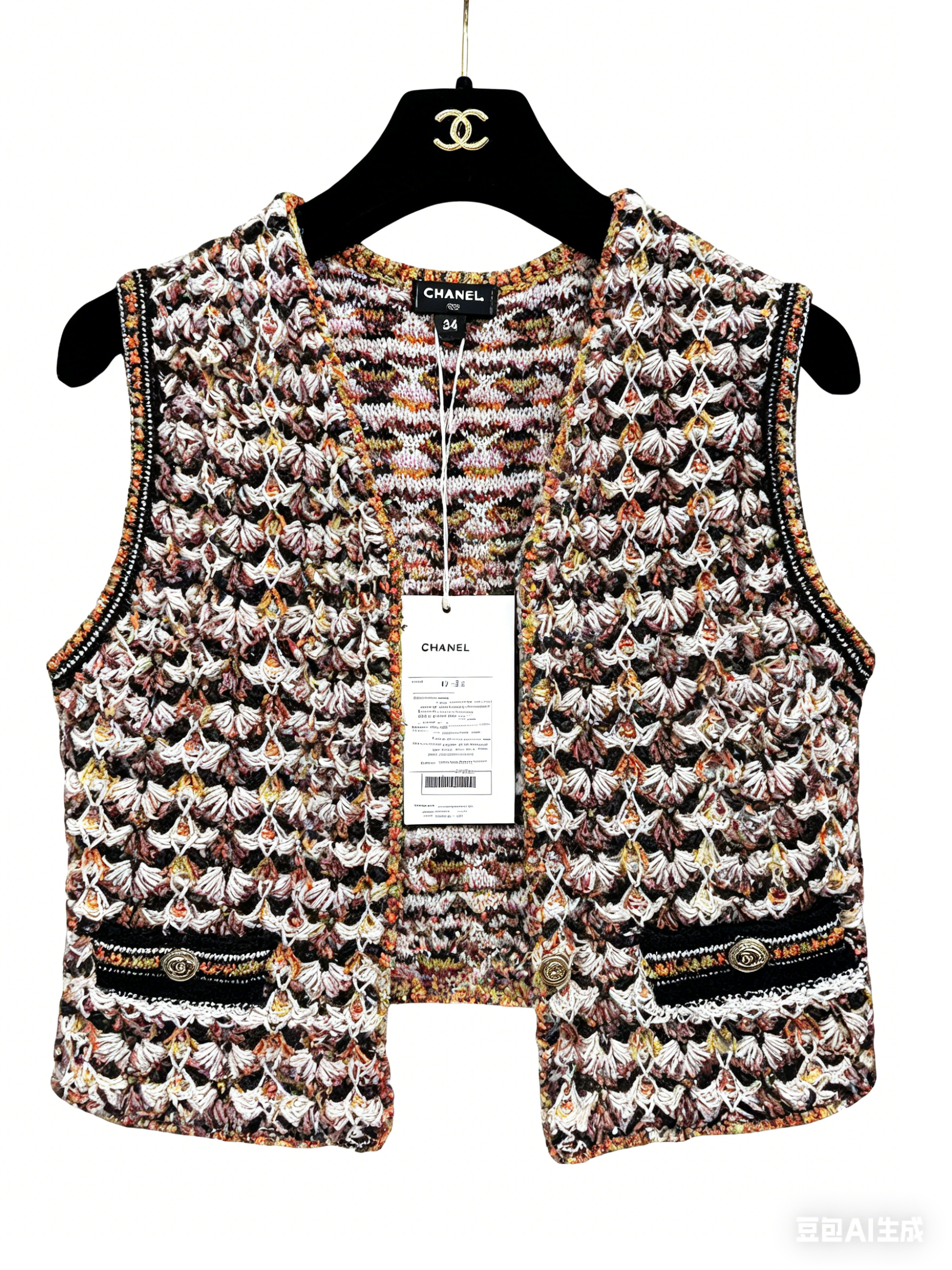 Pre-owned Chanel 23A Series Colorful Crochet Diamond Knit Vest FR34二手香奈儿 23A 系列 彩色钩花菱格针织马甲 FR34 码