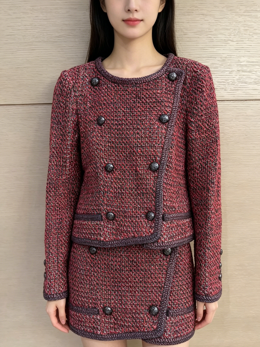 CHANEL 紅藍混色雙排扣編織粗花呢外套