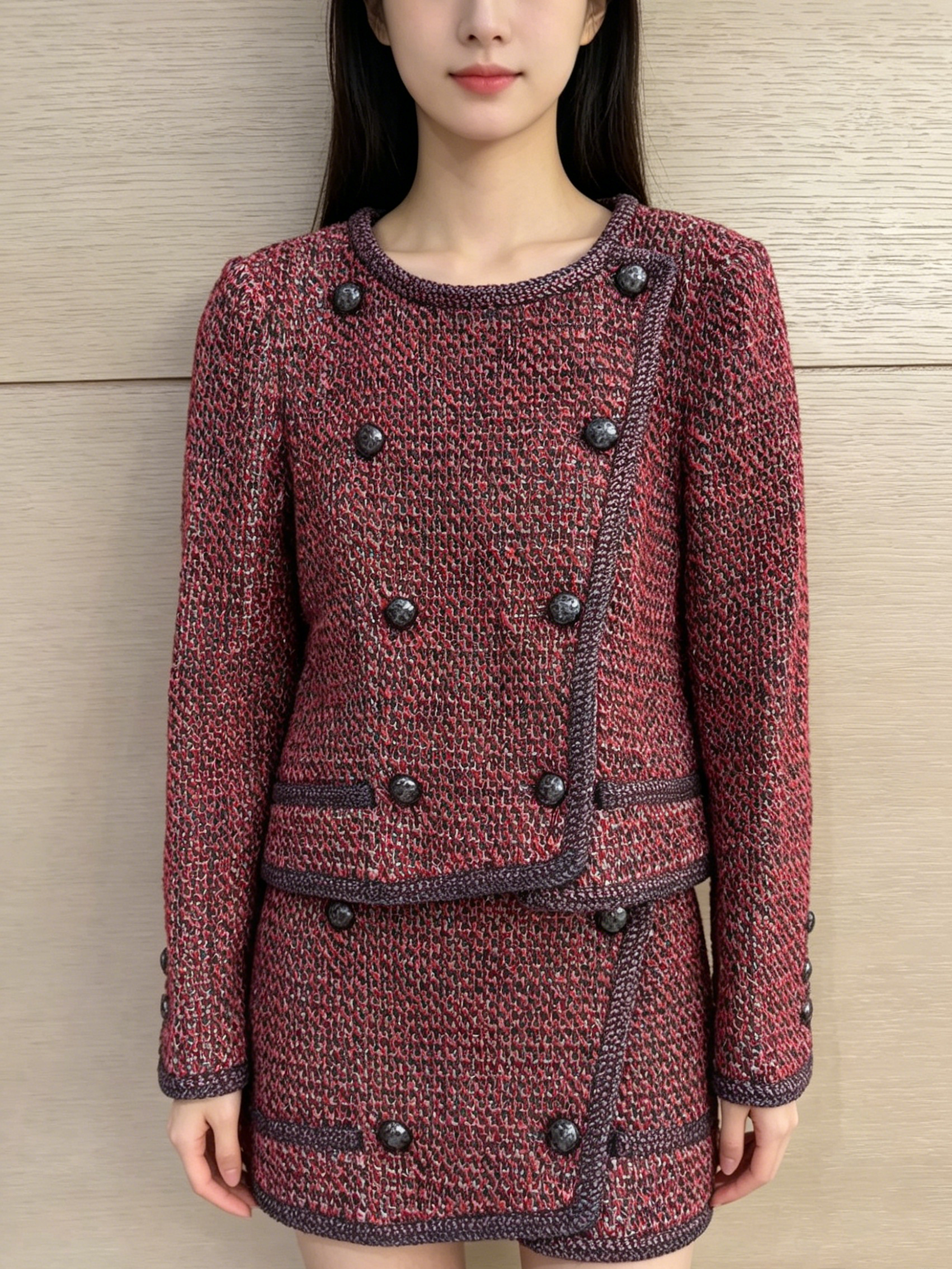 CHANEL 紅藍混色雙排扣編織粗花呢外套