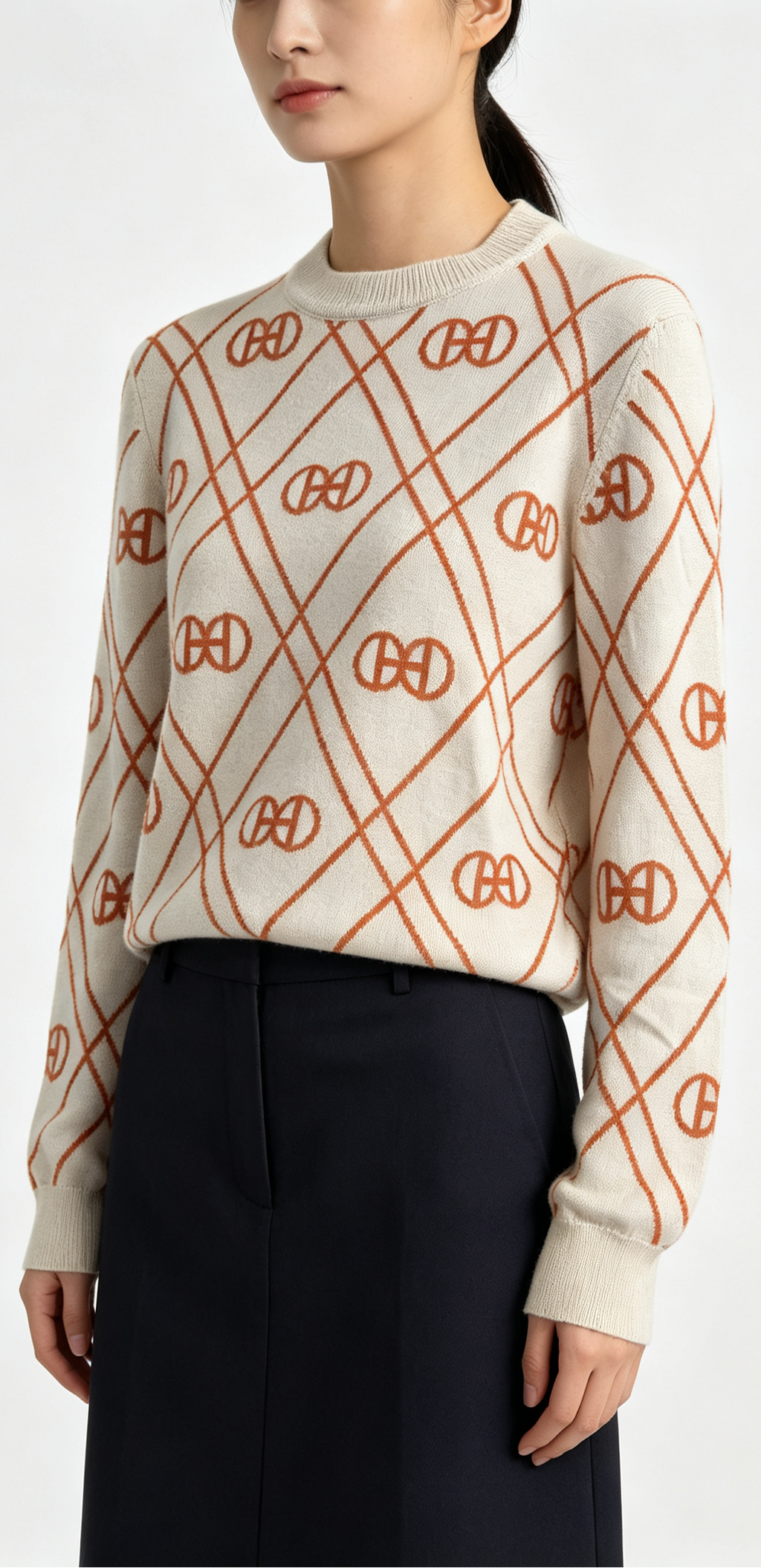 HERMÈS 愛馬仕 經典豬鼻菱格紋圓領羊絨毛衣